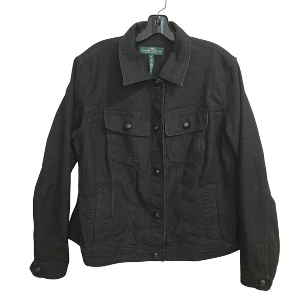 LRL Lauren Ralph Lauren Womens Sz 1X Denim Jacket Black Metallic Cotton Stretch - Picture 1 of 11